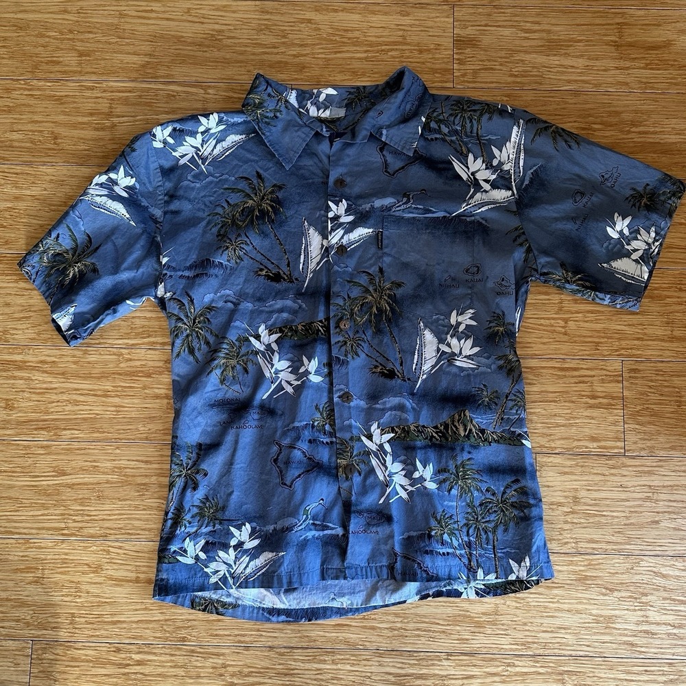 Palmwave Men's Hawaiian Shirt Button Down XL 100% Cotton Tropical Map Print